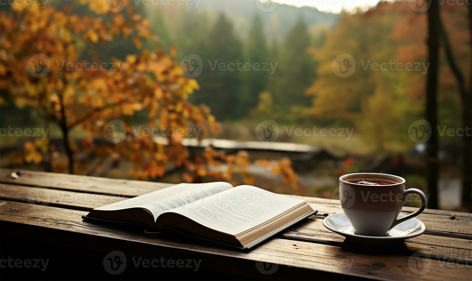 open book beside a white coffee cup on a table. AI Generated photo