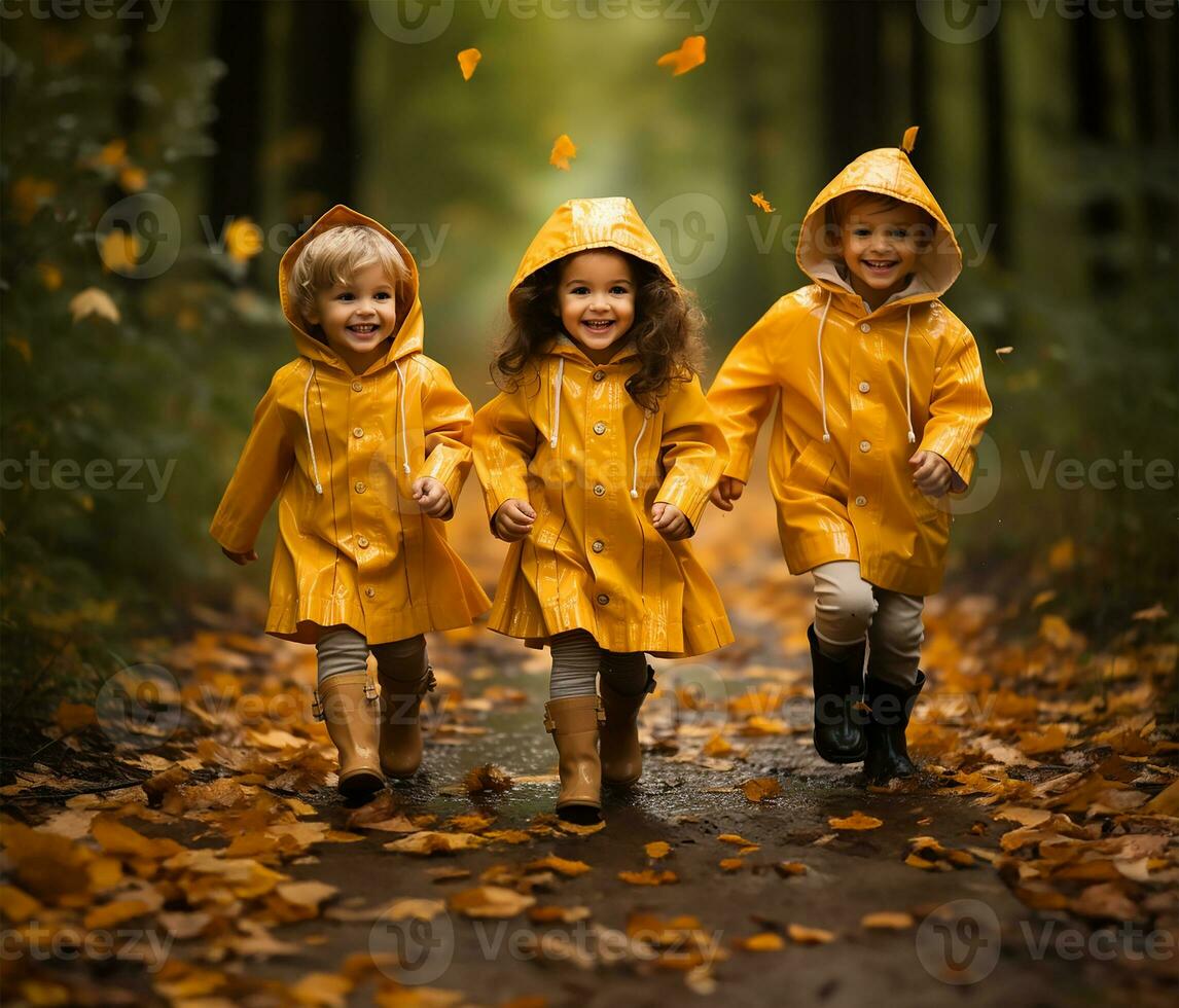 Exuberant children, adorned in bright yellow raincoats and matching rain boots, delightfully splash through puddles during an autumnal downpour. AI Generated photo