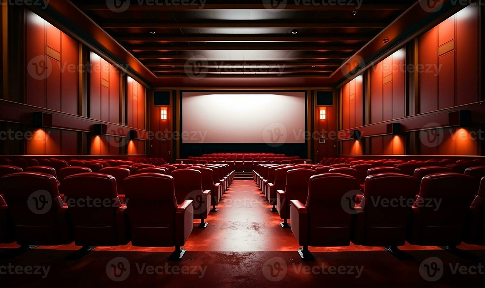 un meticulosamente arreglado cine salón bañado en un Rico rojo matiz, exhibiendo un vasto blanco blanco pantalla esperando un proyección. ai generado foto