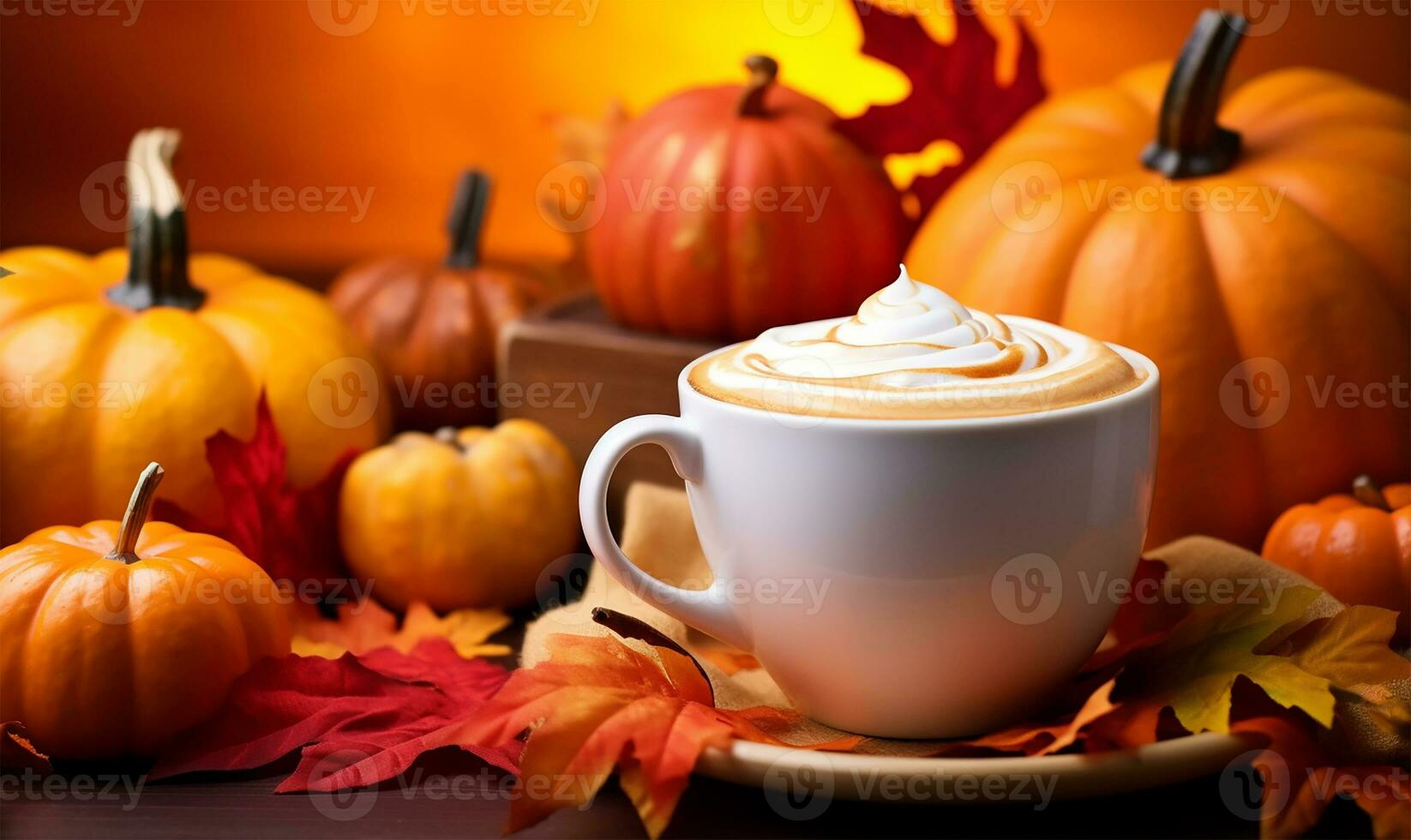 delicious pumpkin spice latte, steaming gently in a cup and saucer. AI Generated photo