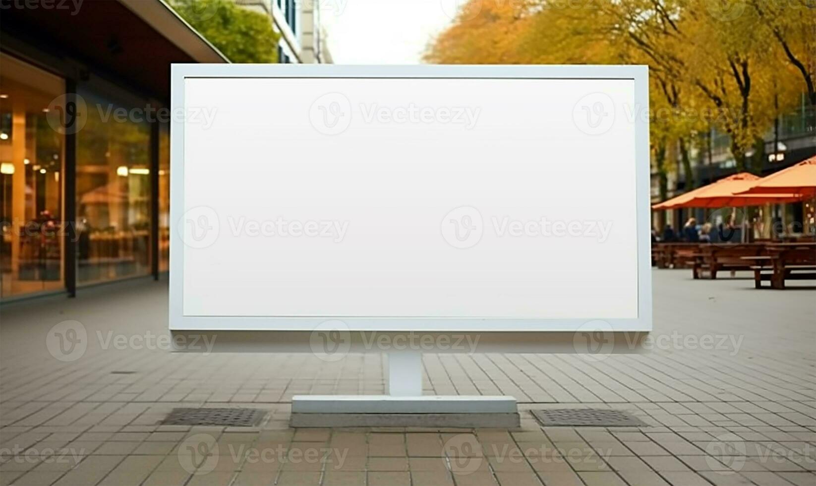 blank white mockup signboard positioned in a public shopping center. AI Generated photo