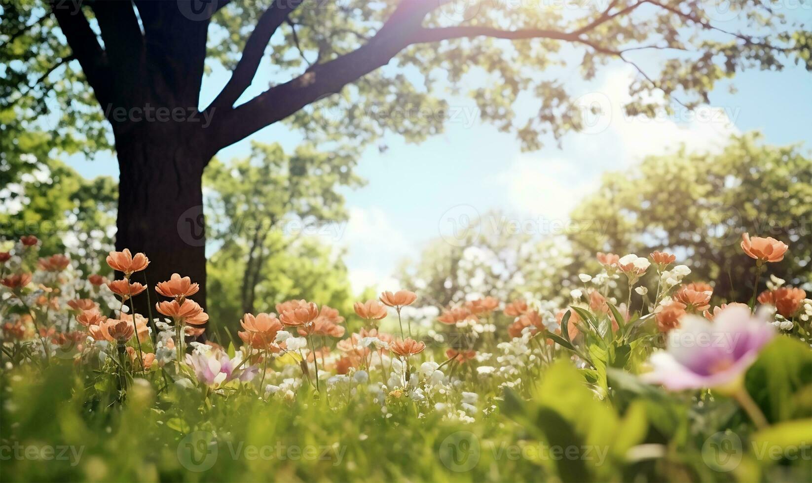 picturesque spring glade with blooming flora and trees set against a clear blue sky. AI Generated photo