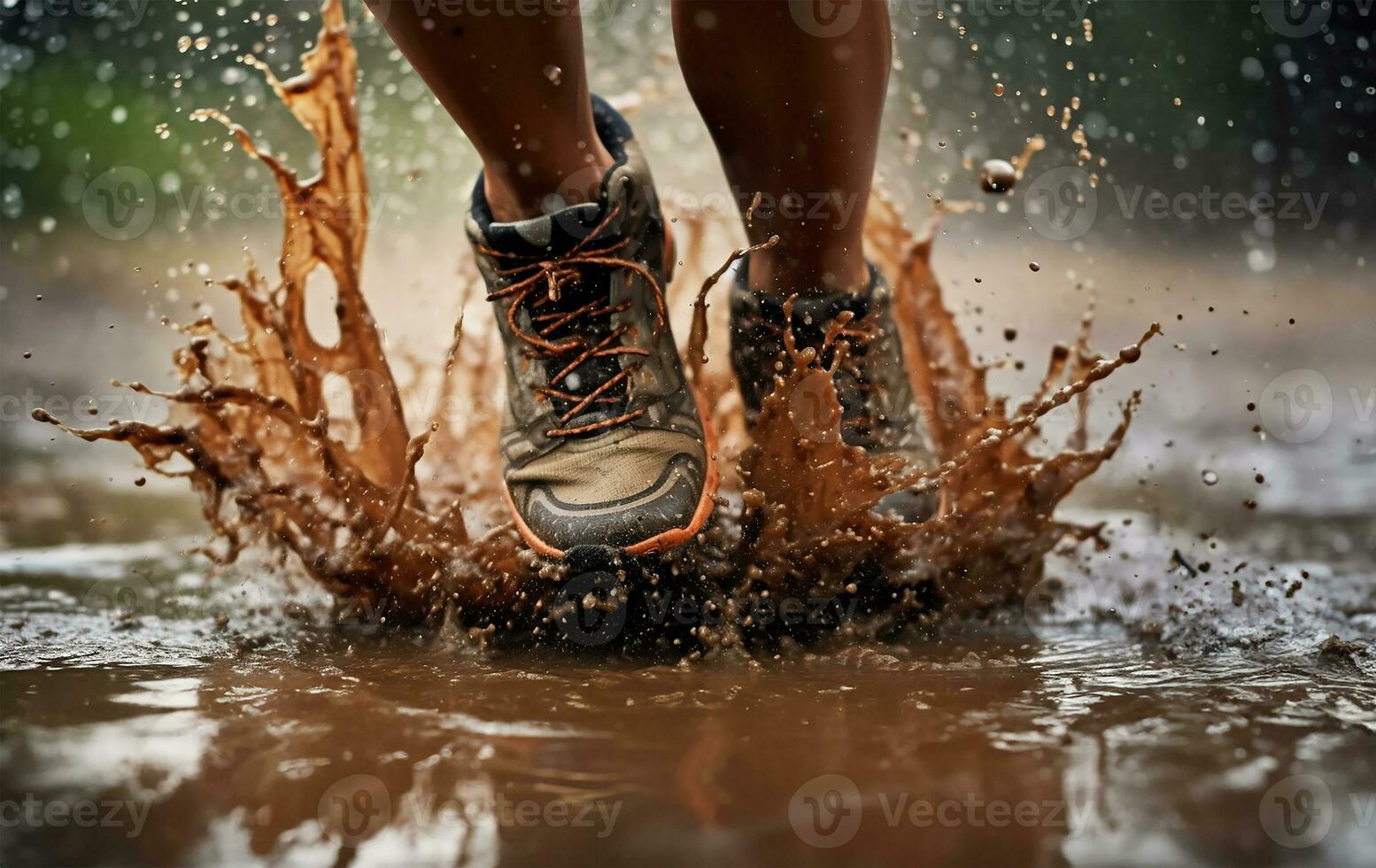 a low angle capturing the legs and running shoes of a young woman as they strike the wet ground. AI Generated photo