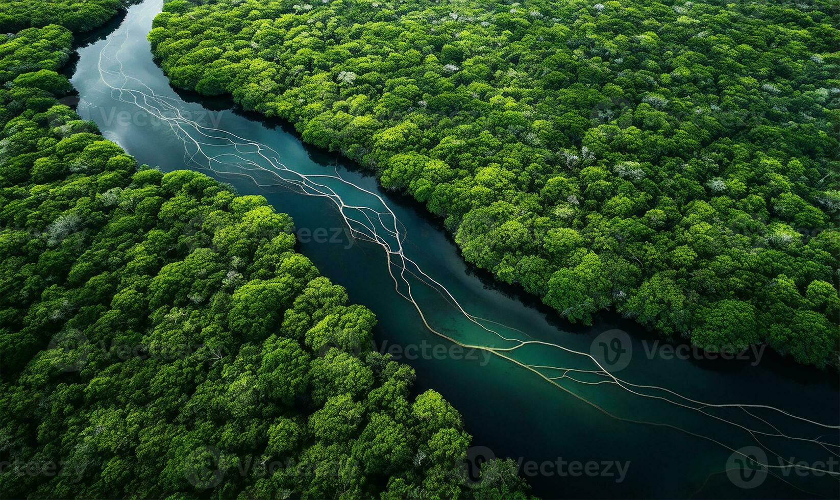 aéreo ver de un río delta presentando lozano verde vegetación y devanado cursos de agua ai generado foto