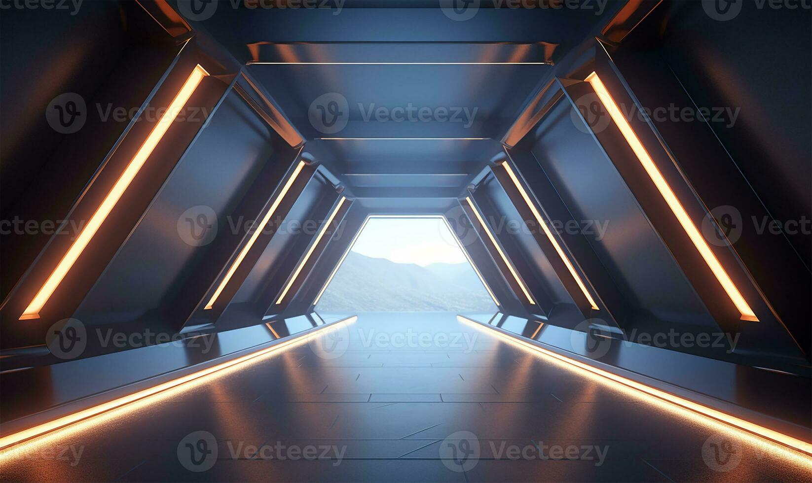 empty long light corridor designed as a futuristic Sci-Fi triangle tunnel. AI Generated photo