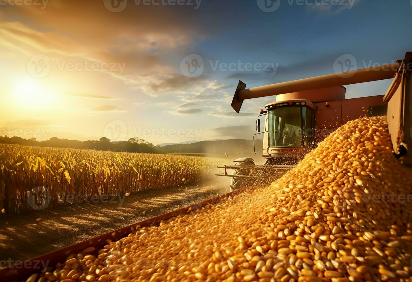 harvester pouring freshly harvested corn maize seeds or soybeans into a container trailer. AI Generated photo