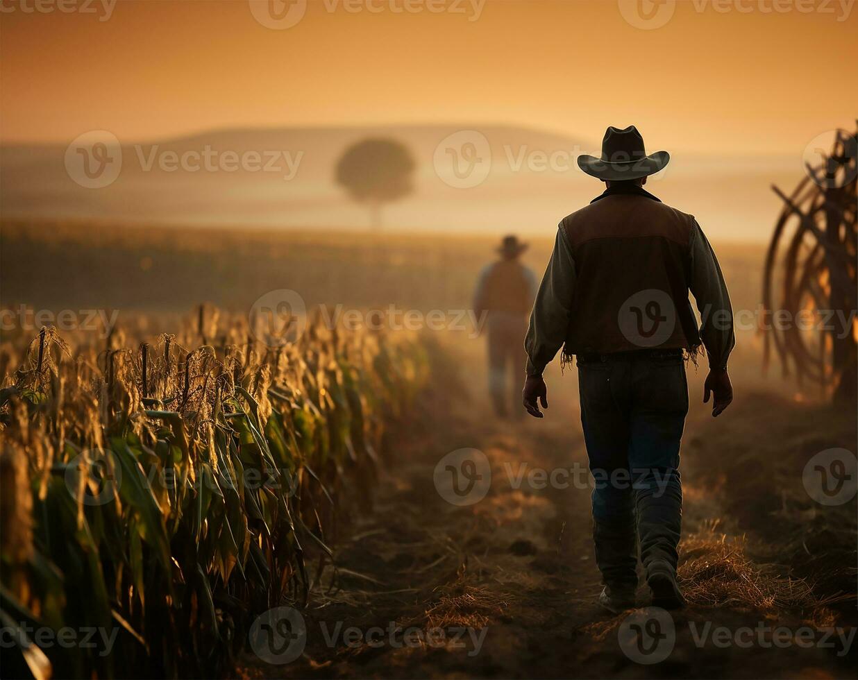 a farmer strides confidently through a corn field, the early dawn light casting a gentle glow over the tall stalks. AI Generated photo