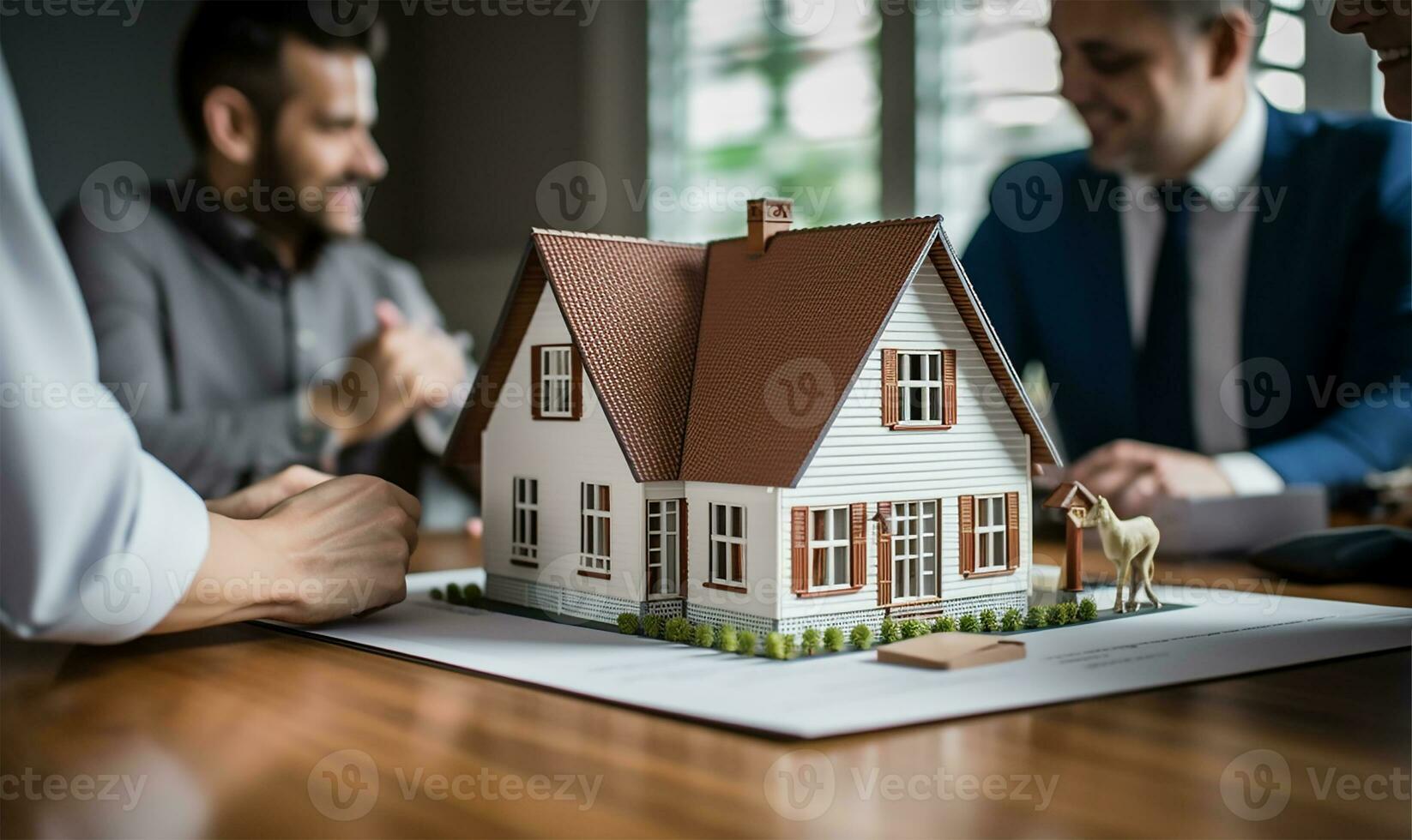 Real estate agent signing a mortgage agreement with a happy young couple with a close-up of a miniature house in the foreground. AI Generated photo