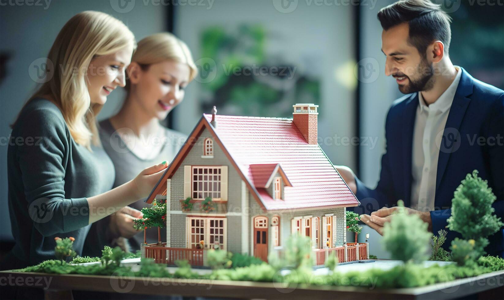 Real estate agent signing a mortgage agreement with a happy young couple with a close-up of a miniature house in the foreground. AI Generated photo