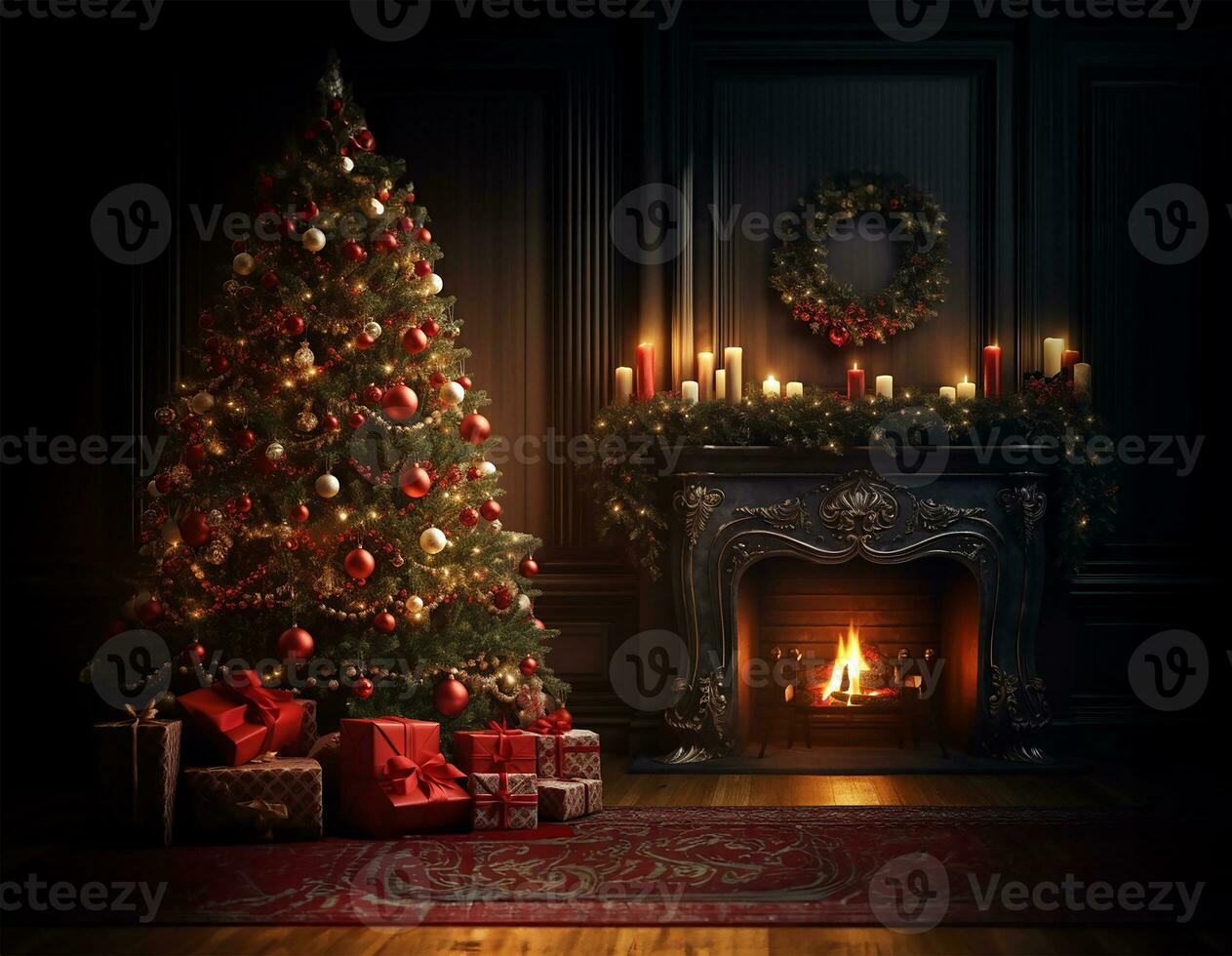 Christmas tree adorned with lights and ornaments next to a roaring fireplace in a room. AI Generated photo