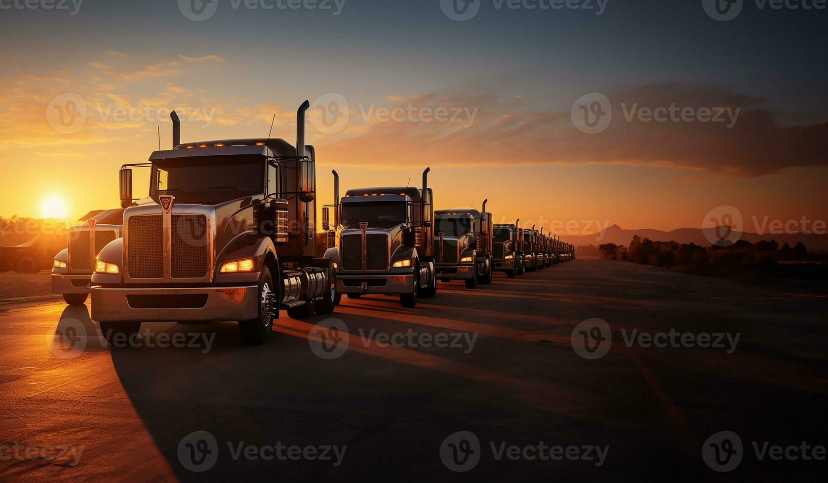 A row of parked trucks, silhouetted against the backdrop of a radiant sunrise. AI Generated photo