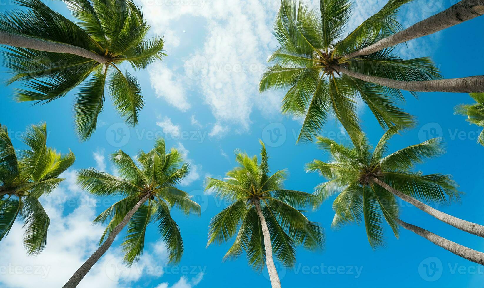 Looking up at palm trees swaying against a brilliant blue sky. AI Generated photo