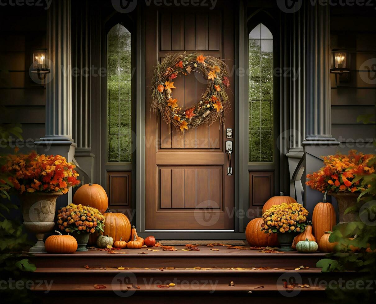 beautifully crafted fall wreath adorning a rich green front door, complemented by artful autumn flower pot arrangements gracing the steps. AI Generated photo