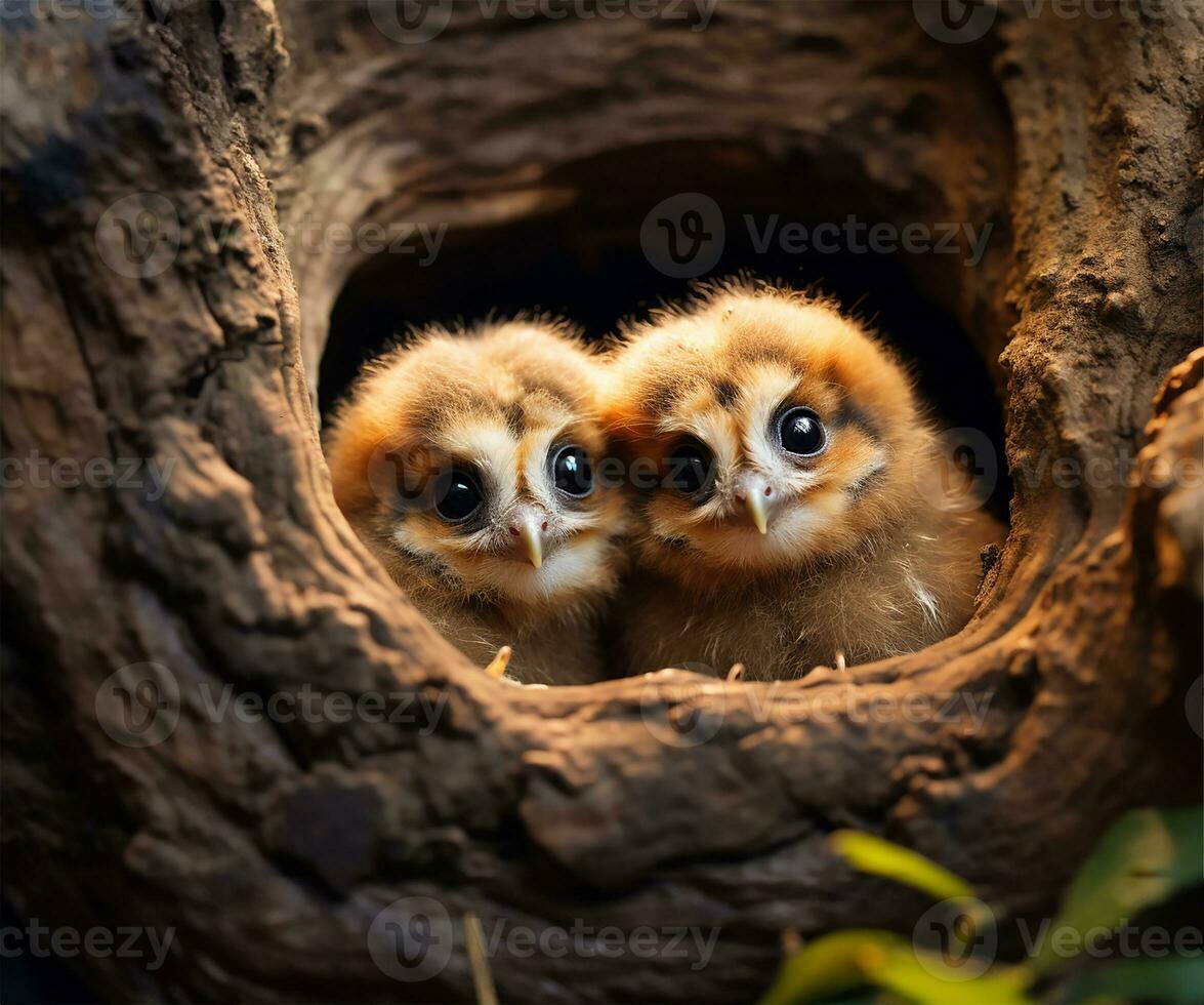 Two adorable baby owls, with wide curious eyes, peek out from the sanctuary of their tree hole nest. AI Generated photo