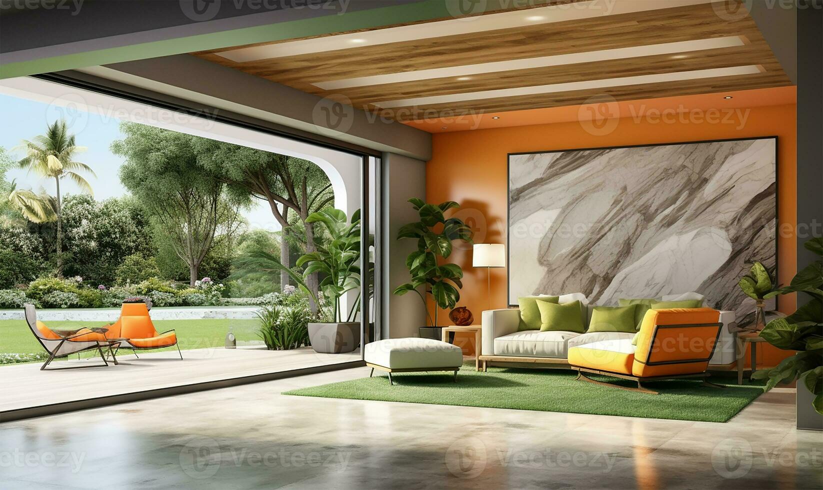 modern contemporary loft featuring an empty room with marble floors, green and orange walls. AI Generated photo