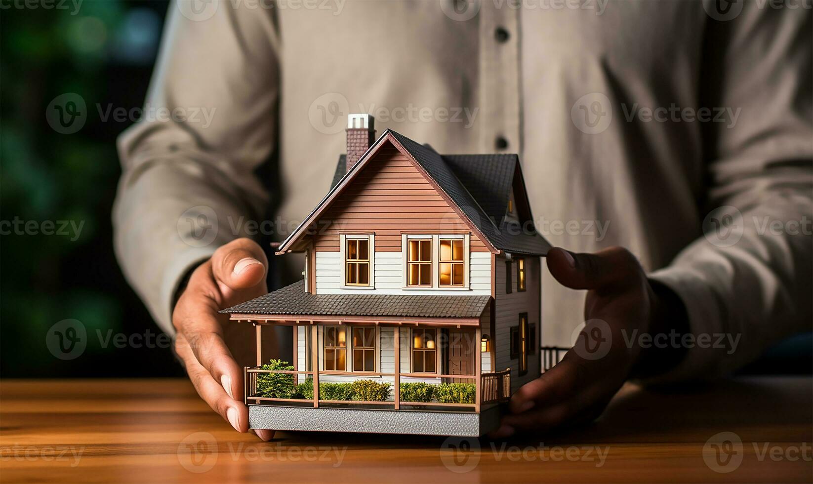 Man holding a detailed model of a house in his hands. AI Generated photo