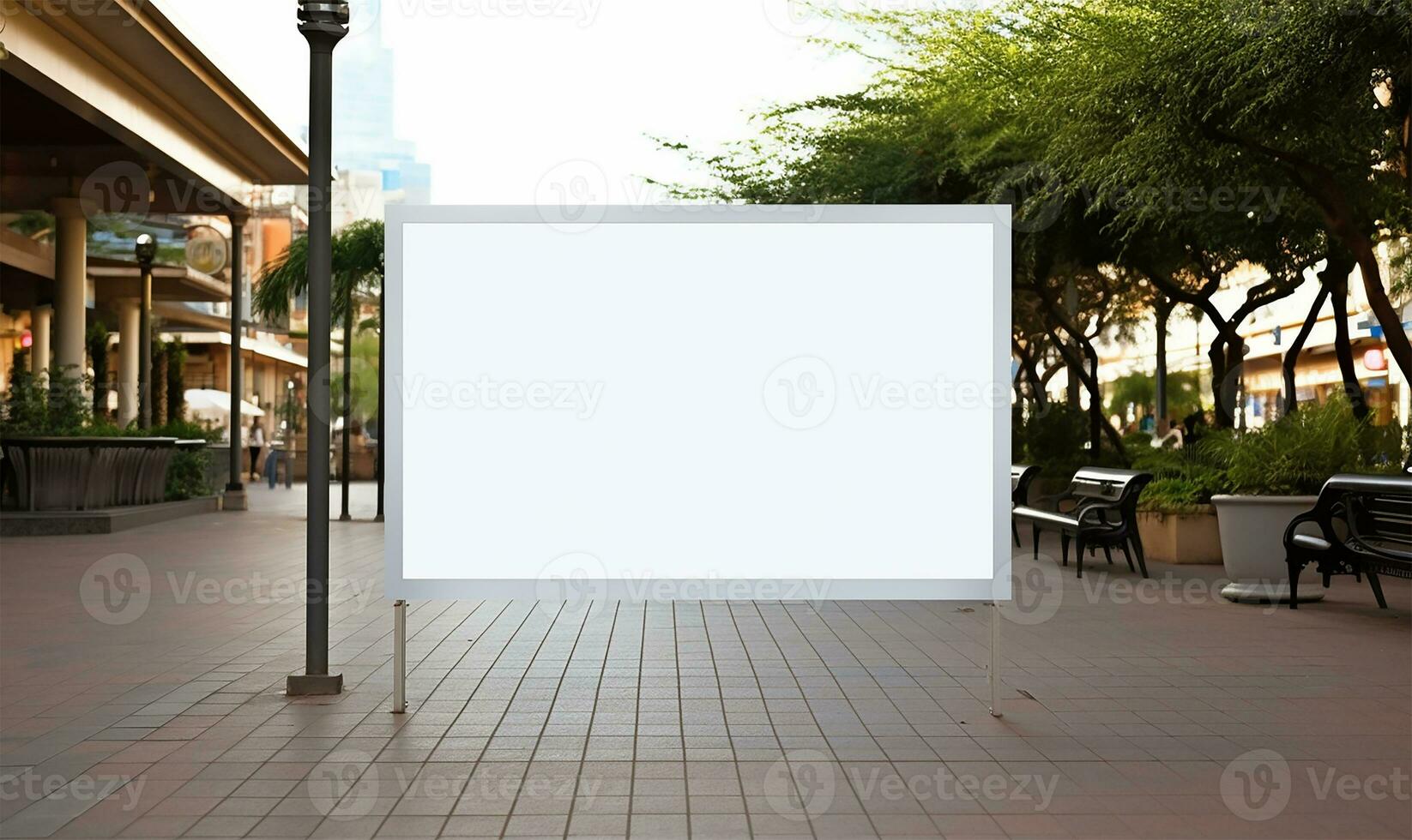 blank white mockup signboard positioned in a public shopping center. AI Generated photo
