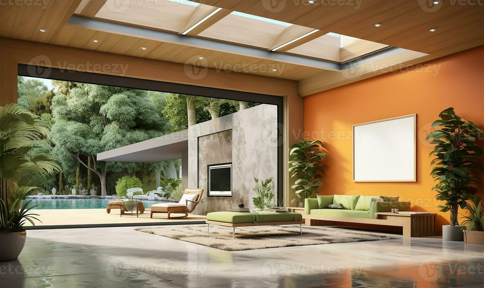 modern contemporary loft featuring an empty room with marble floors, green and orange walls. AI Generated photo
