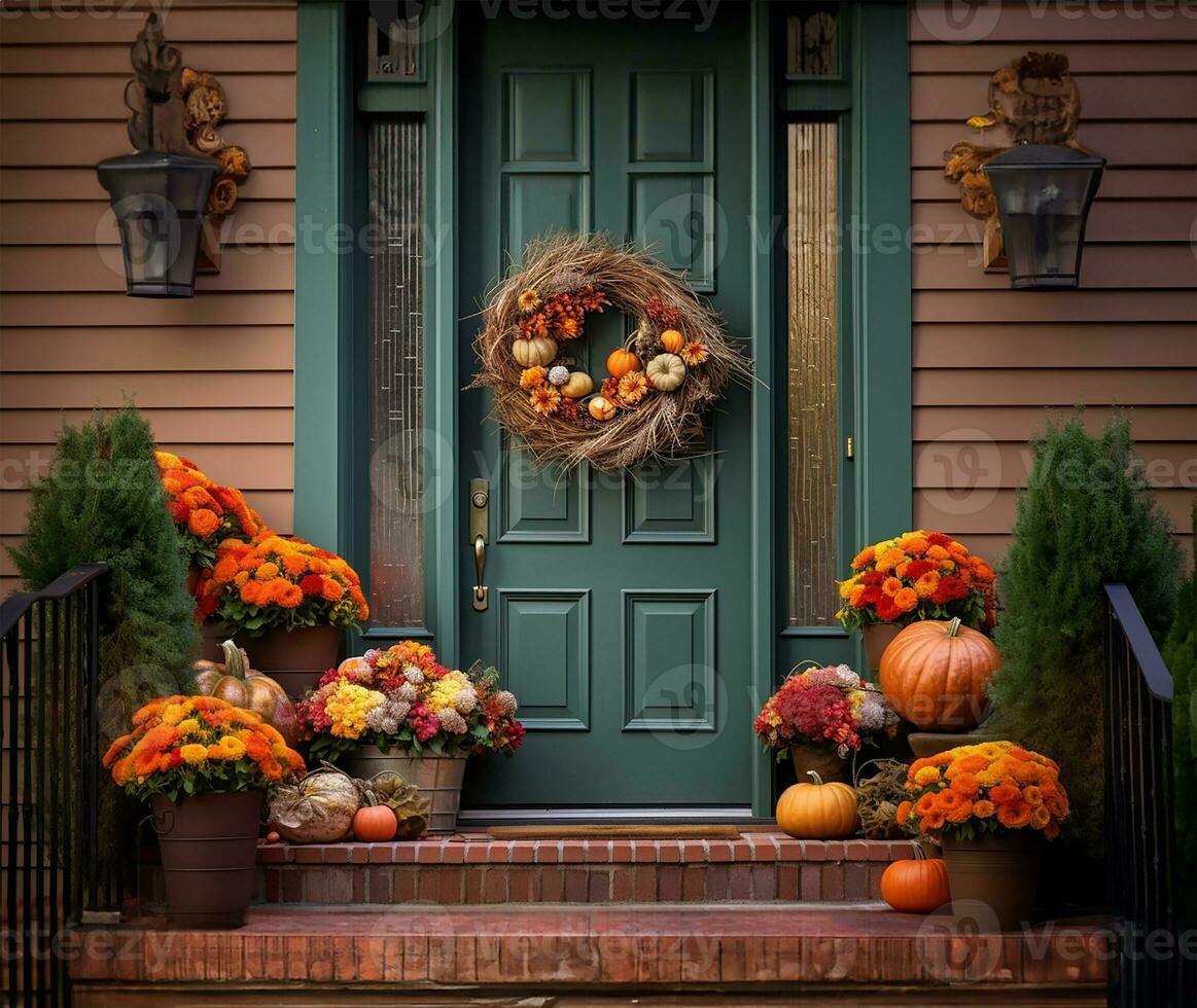 beautifully crafted fall wreath adorning a rich green front door, complemented by artful autumn flower pot arrangements gracing the steps. AI Generated photo