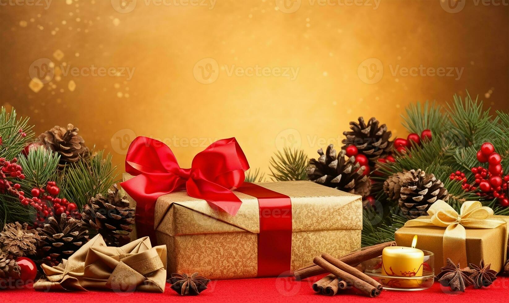 elegant Christmas composition on a shimmering light gold backdrop. AI Generated photo