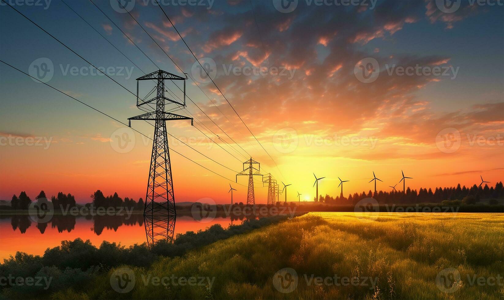 wind turbines positioned near an electricity pylon. AI Generated photo