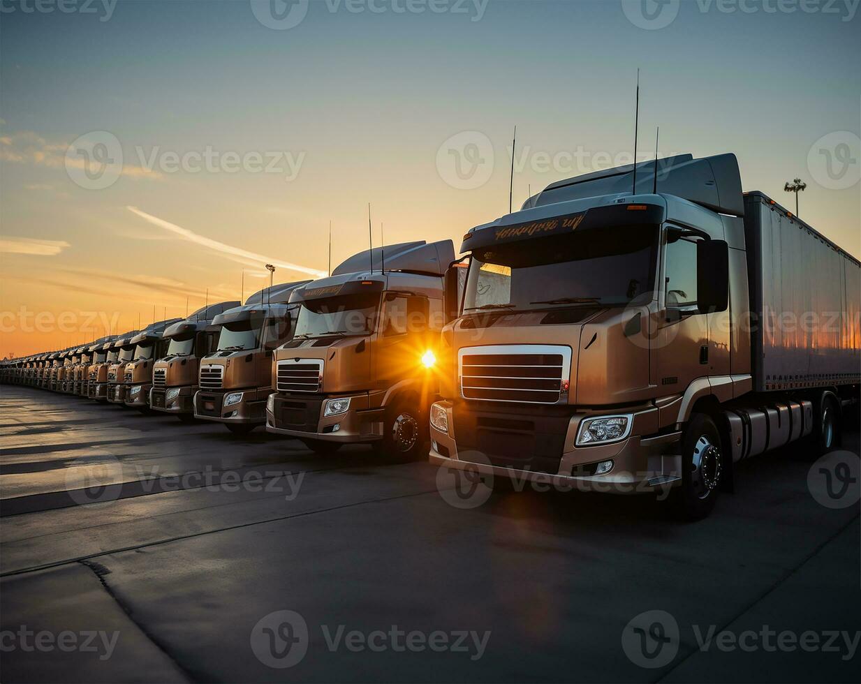 A row of parked trucks, silhouetted against the backdrop of a radiant sunrise. AI Generated photo