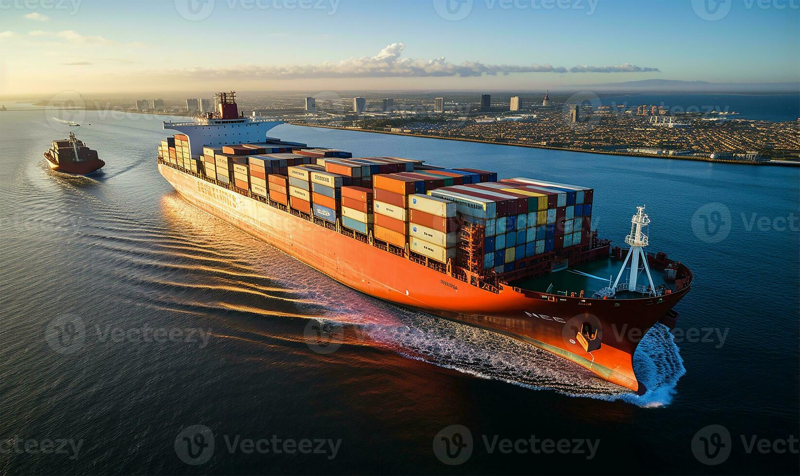 container ship cutting through the vast sea waters. AI Generated photo