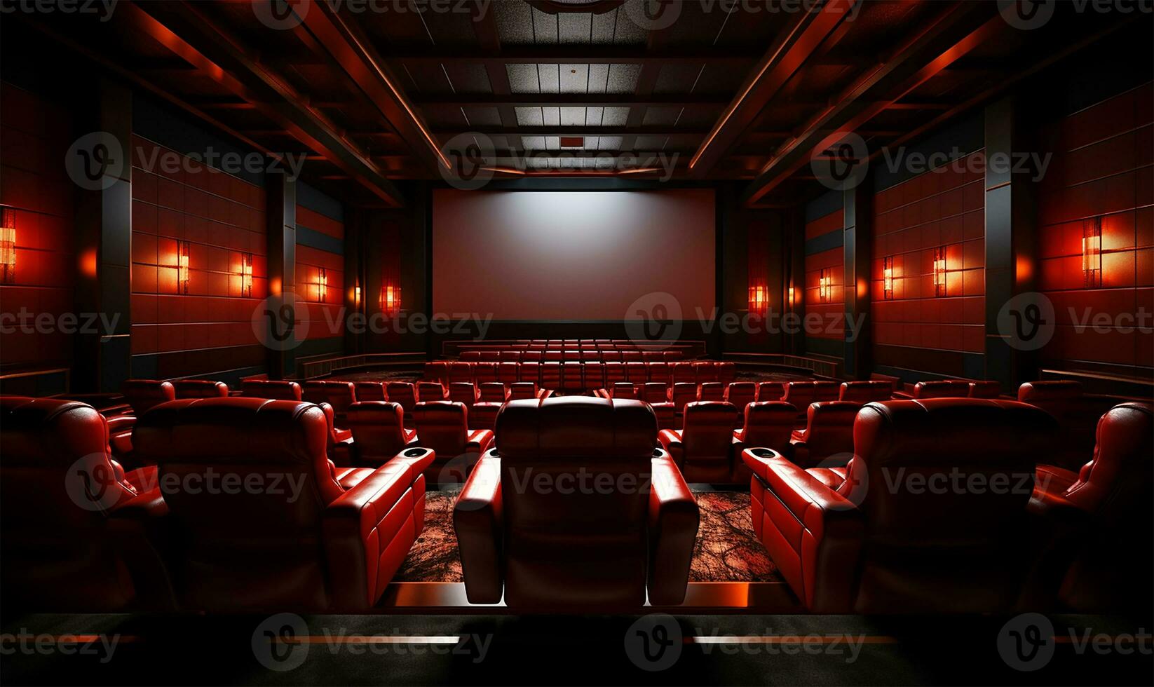A meticulously arranged cinema hall bathed in a rich red hue, showcasing a vast white blank screen awaiting a projection. AI Generated photo
