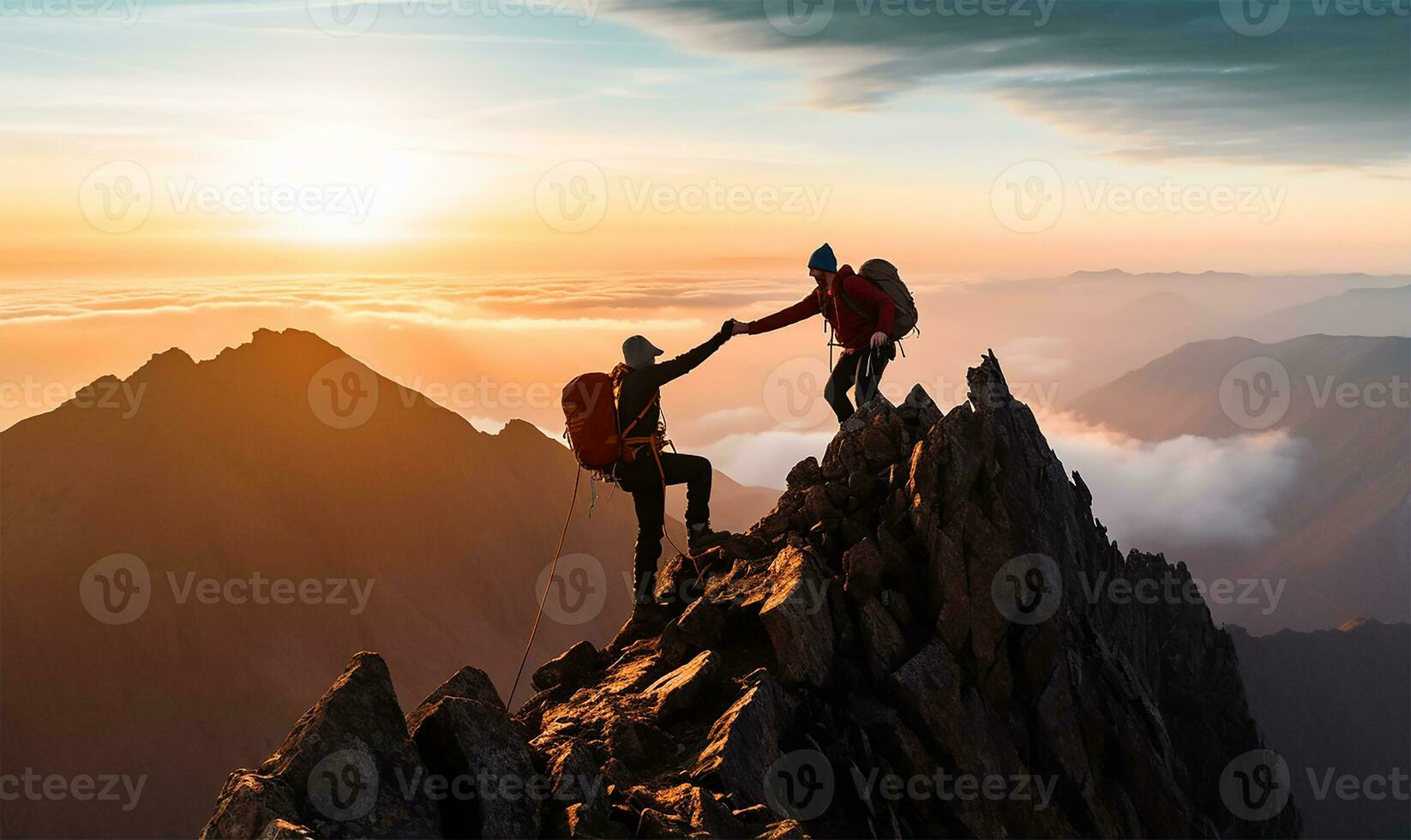 One hiker extending a hand to help a friend reach the summit of a mountain. AI Generated photo