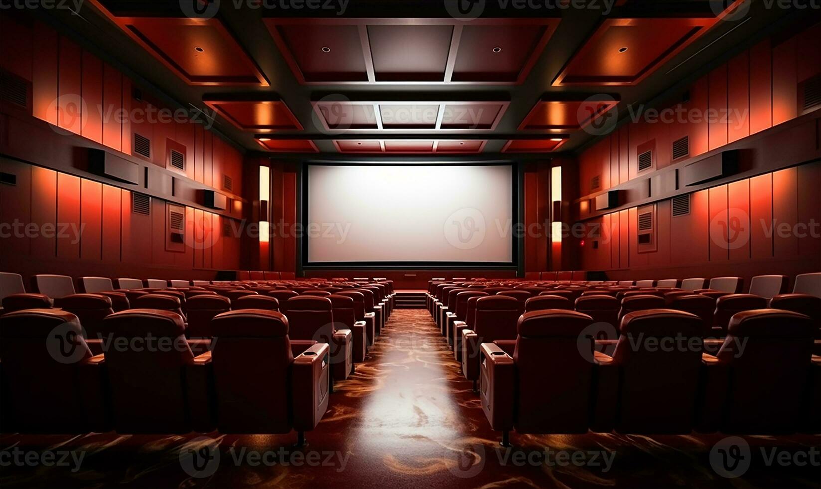 A meticulously arranged cinema hall bathed in a rich red hue, showcasing a vast white blank screen awaiting a projection. AI Generated photo