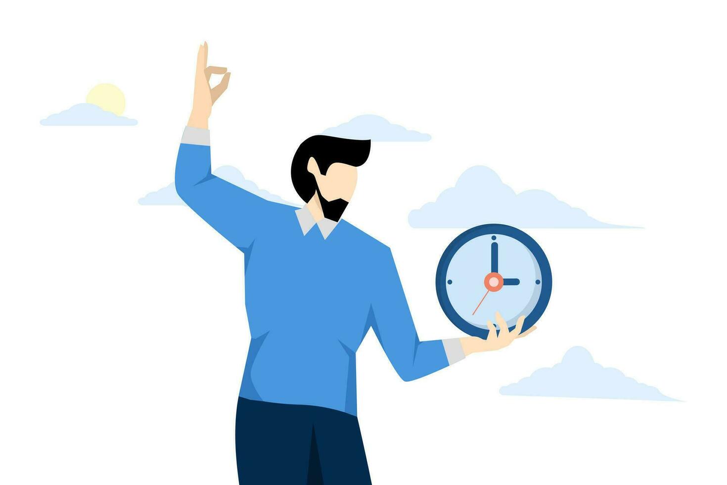 Punctuality concept, being on time for an appointment or schedule, completing work according to a deadline or time, time management, punctual businessman holding a clock with the right time. vector