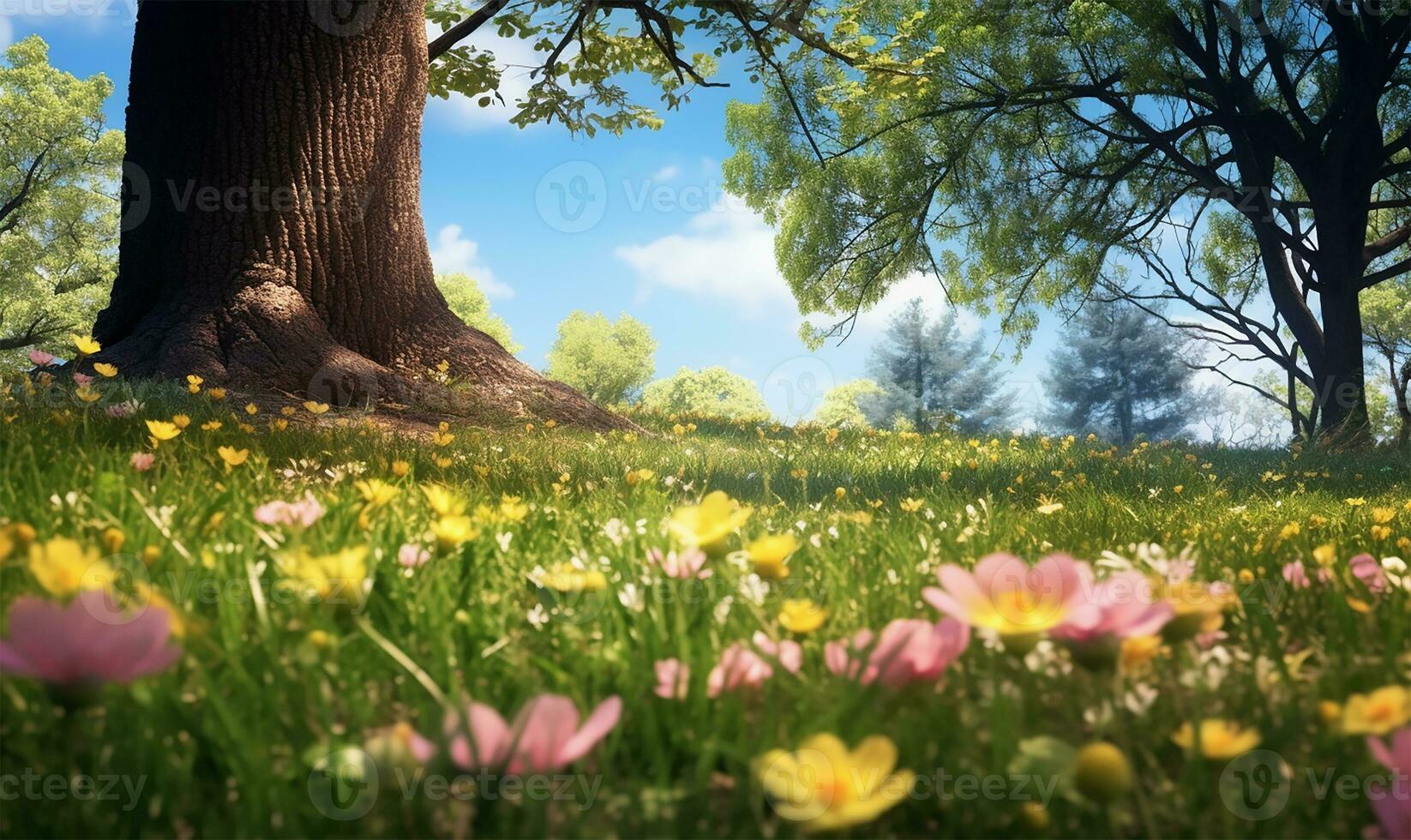 picturesque spring glade with blooming flora and trees set against a clear blue sky. AI Generated photo