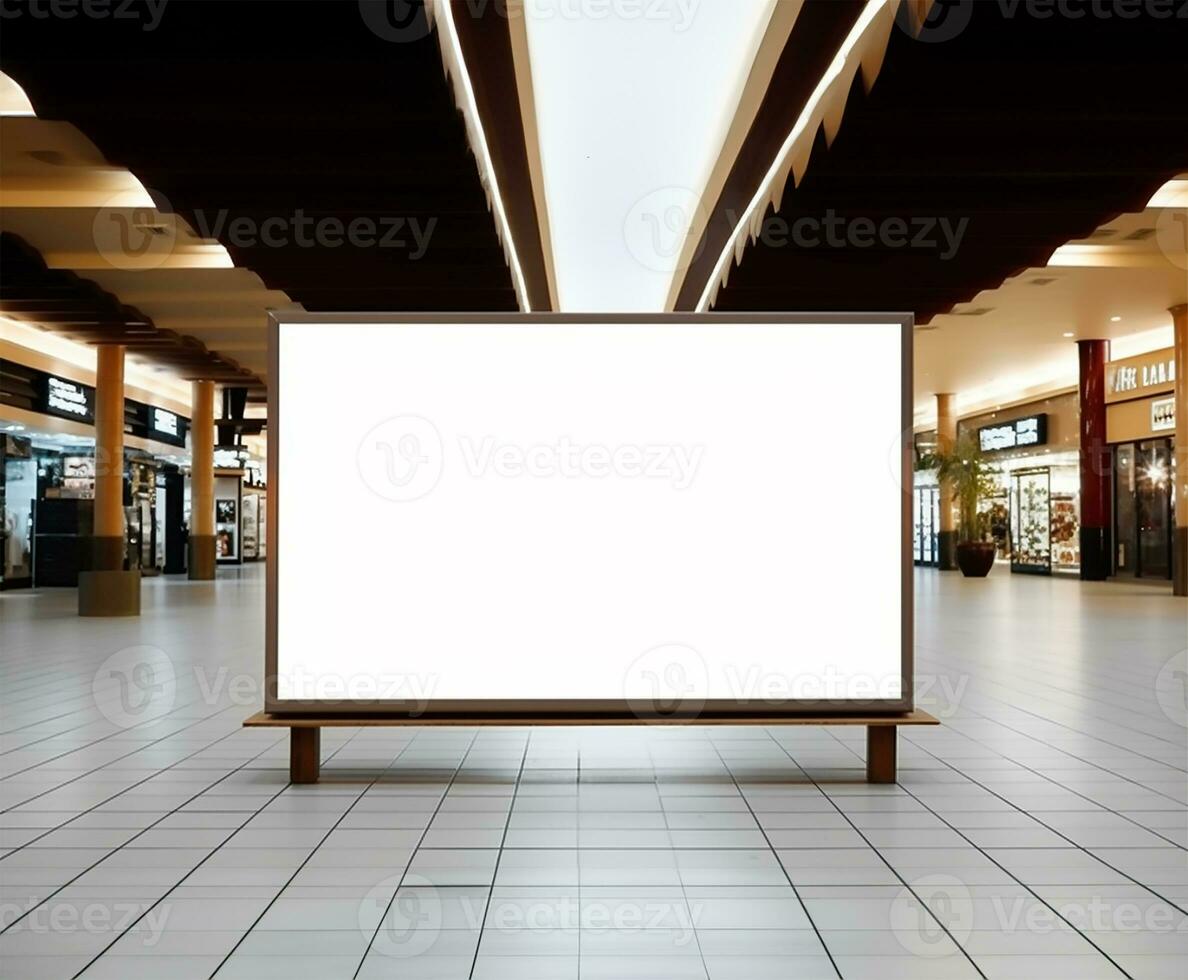 blank white mockup signboard positioned in a public shopping center. AI Generated photo