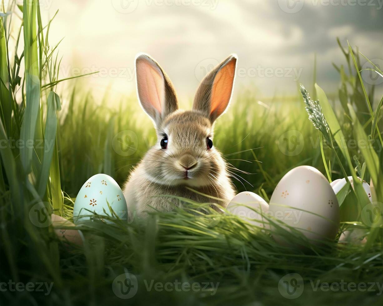 rabbit nestled in a grassy meadow. AI Generated photo
