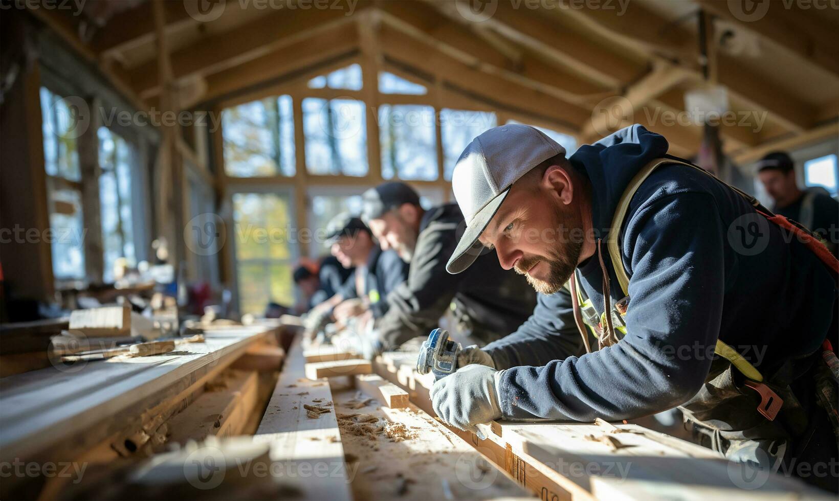 construction workers meticulously working on installing a door, capturing the precision and skill involved in the process. AI Generated photo