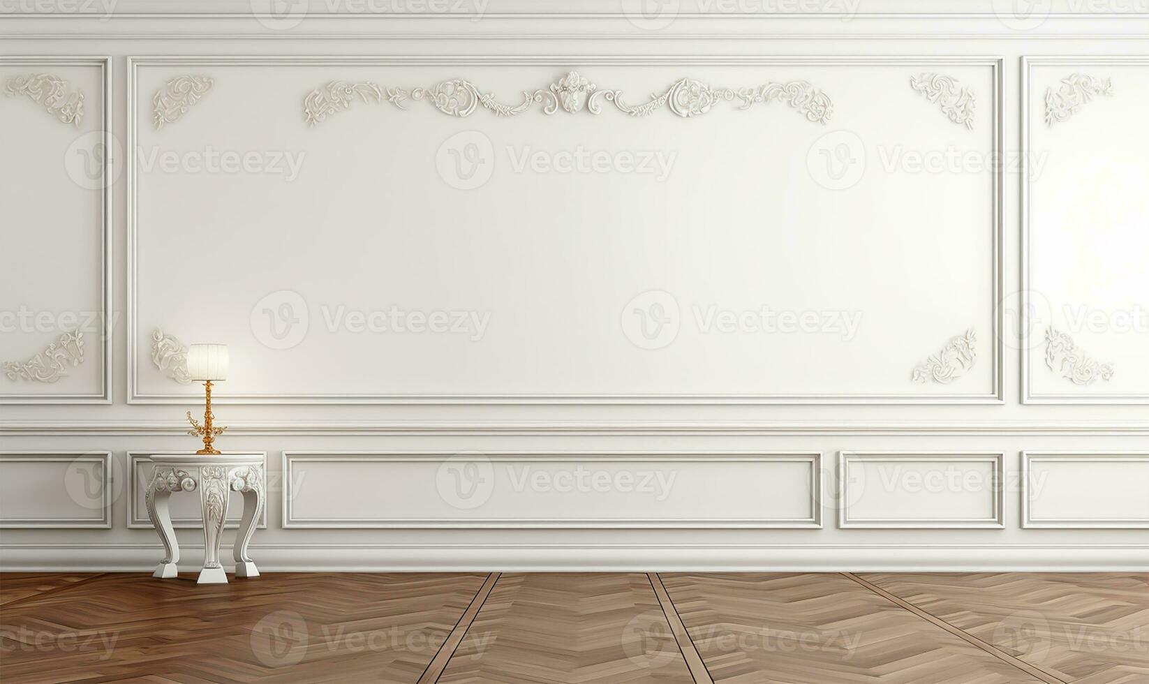 elegant empty room featuring a pristine white wall adorned with classic style mouldings. AI Generated photo