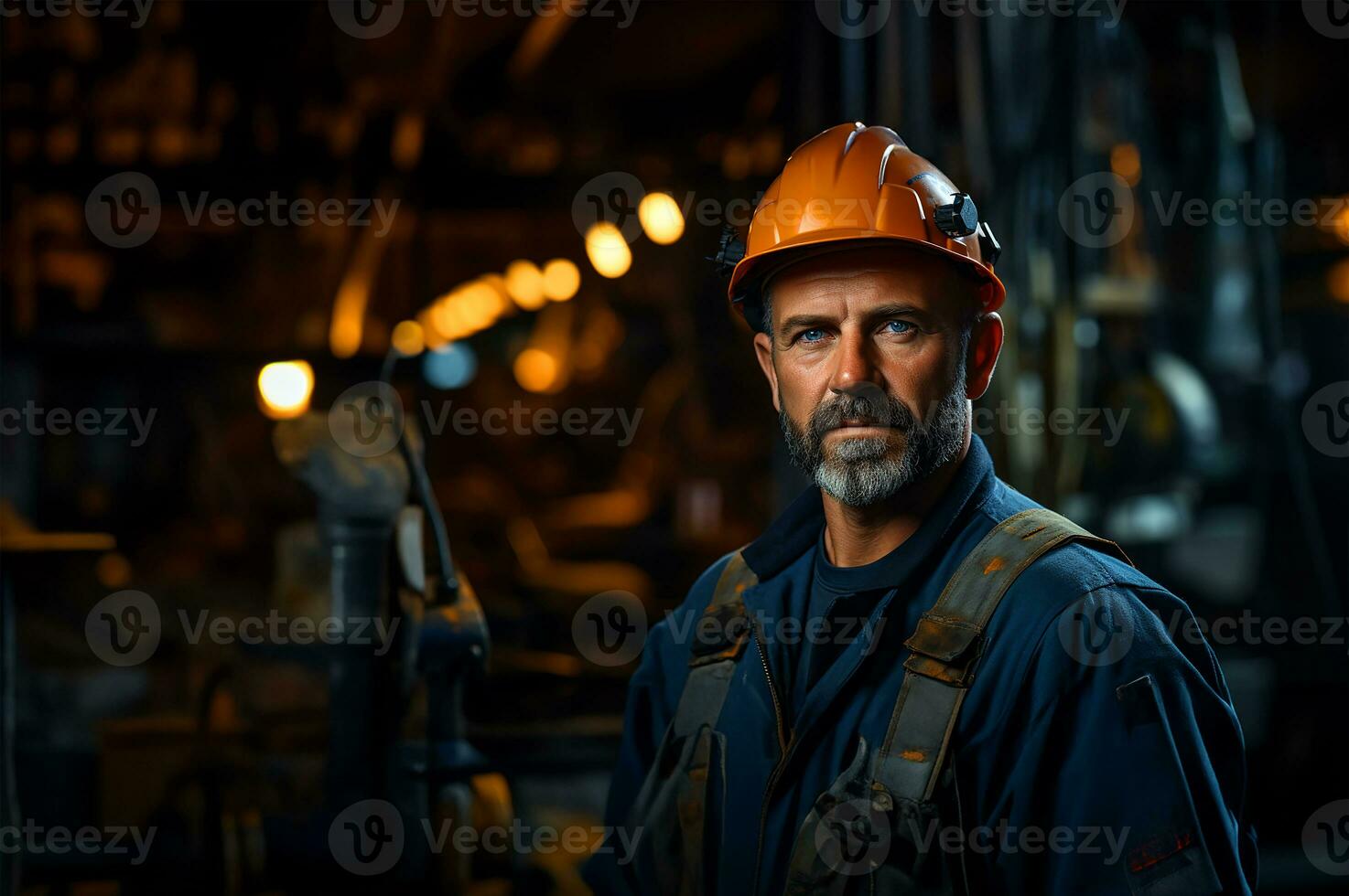 A diligent industry maintenance engineer stands tall, dressed in his professional uniform complemented by a safety hard hat. AI Generated photo