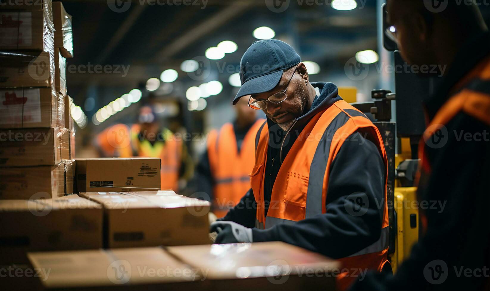 warehouse employees are seen in the midst of their tasks, swiftly moving and organizing shipment boxes. AI Generated photo