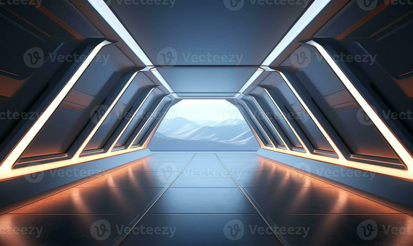 empty long light corridor designed as a futuristic Sci-Fi triangle tunnel. AI Generated photo