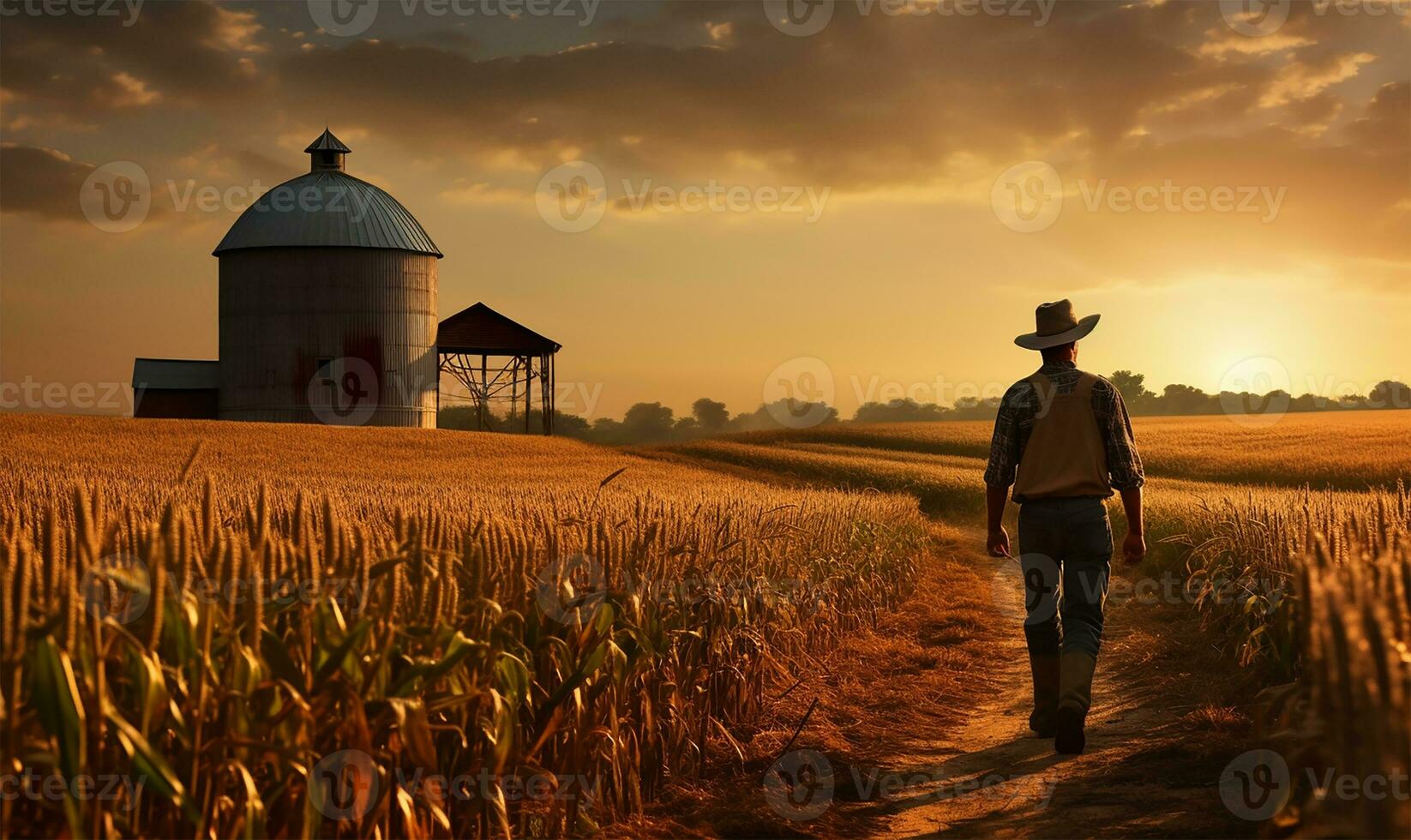 a farmer strides confidently through a corn field, the early dawn light casting a gentle glow over the tall stalks. AI Generated photo