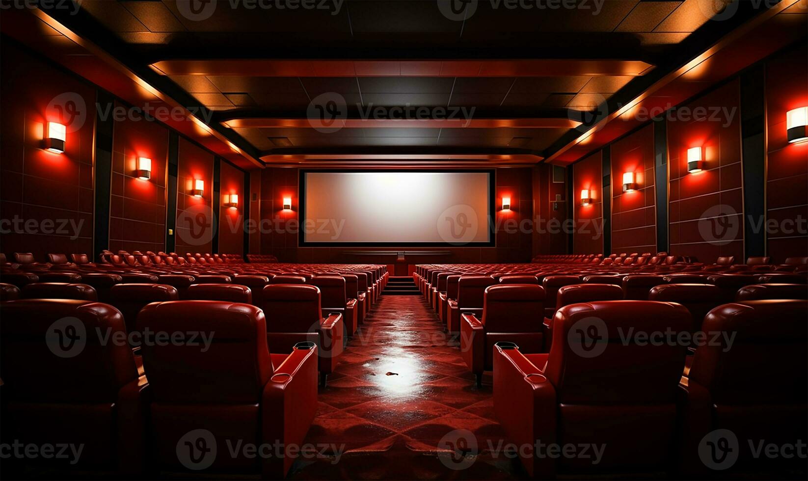 A meticulously arranged cinema hall bathed in a rich red hue, showcasing a vast white blank screen awaiting a projection. AI Generated photo
