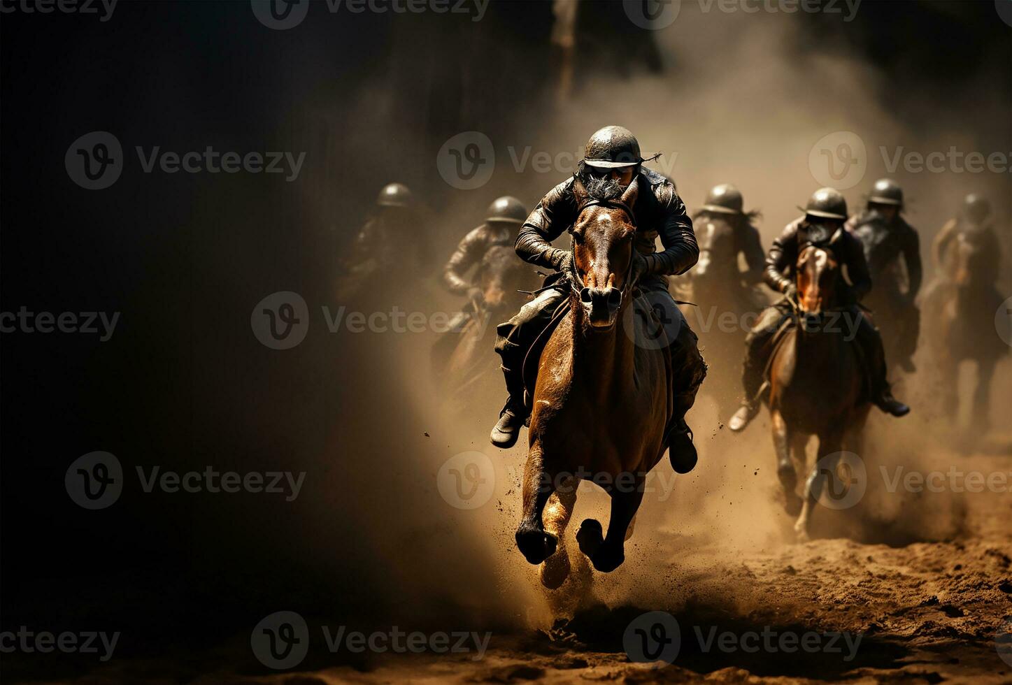 An intense moment captured during a horse race as jockeys, with sheer determination, push their horses to gain an advantage in the crucial last curve. AI Generated photo