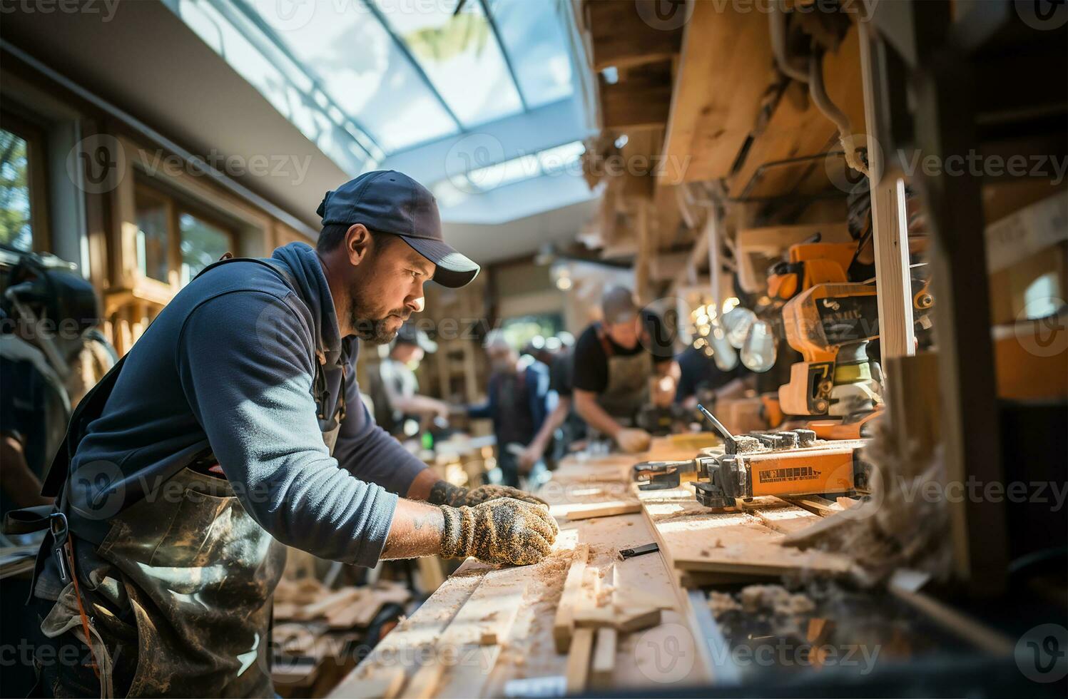 construction workers meticulously working on installing a door, capturing the precision and skill involved in the process. AI Generated photo