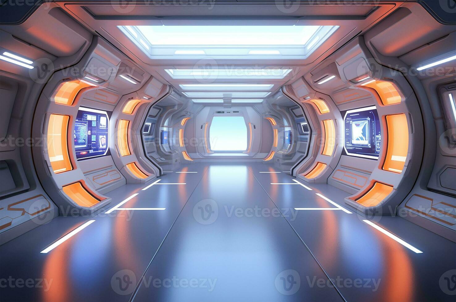 corridor or room inside a space station or spaceship, designed with sleek, futuristic aesthetics. AI Generated photo