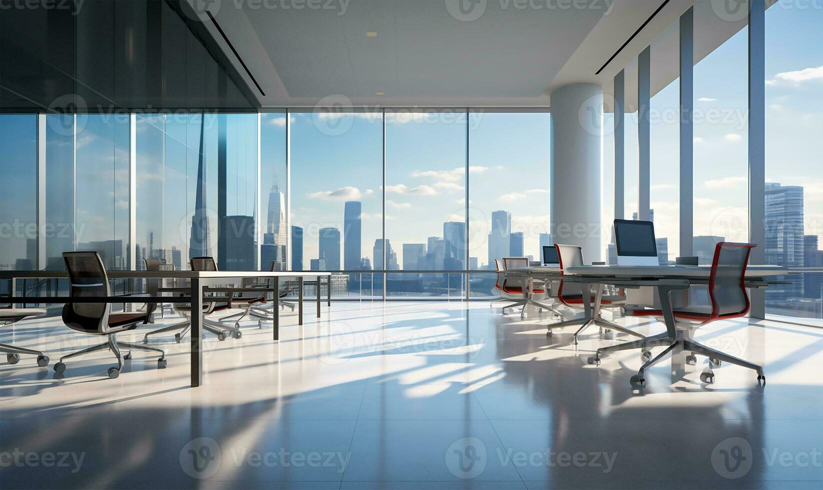 empty floor space with a modern business office building in the background. AI Generated photo