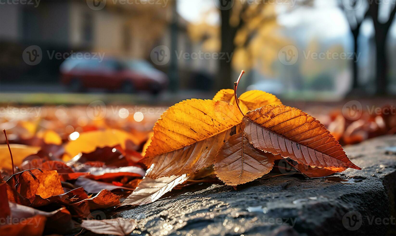 autumn leaves scattered on the street. AI Generated photo