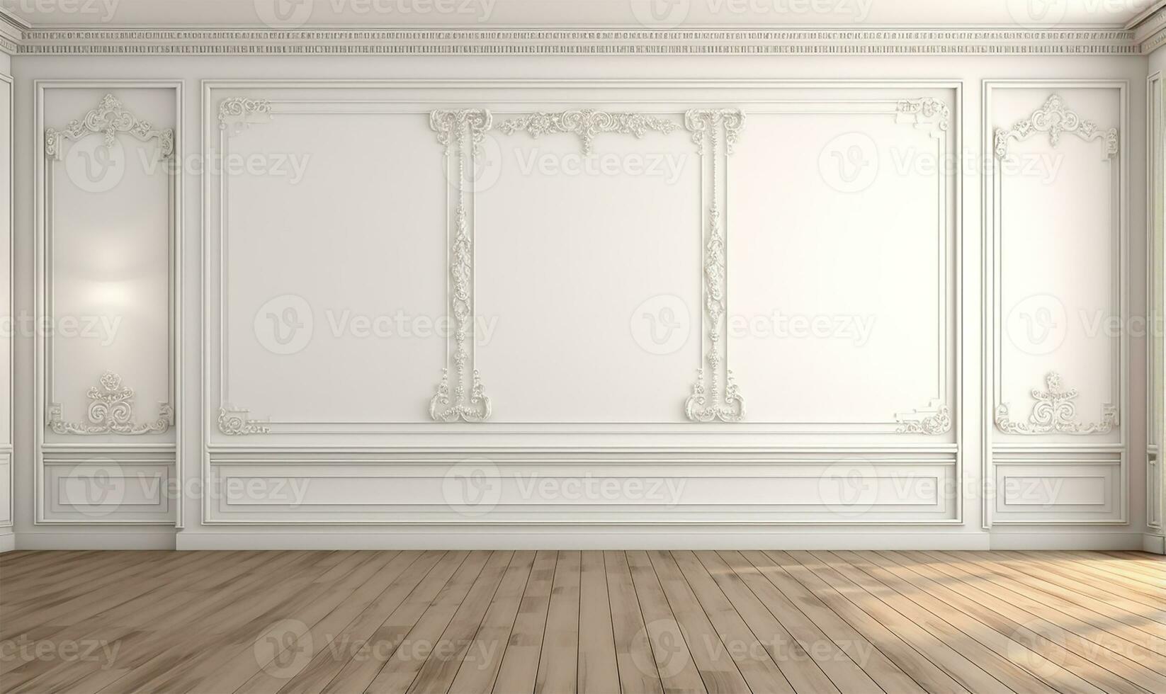 elegant empty room featuring a pristine white wall adorned with classic style mouldings. AI Generated photo