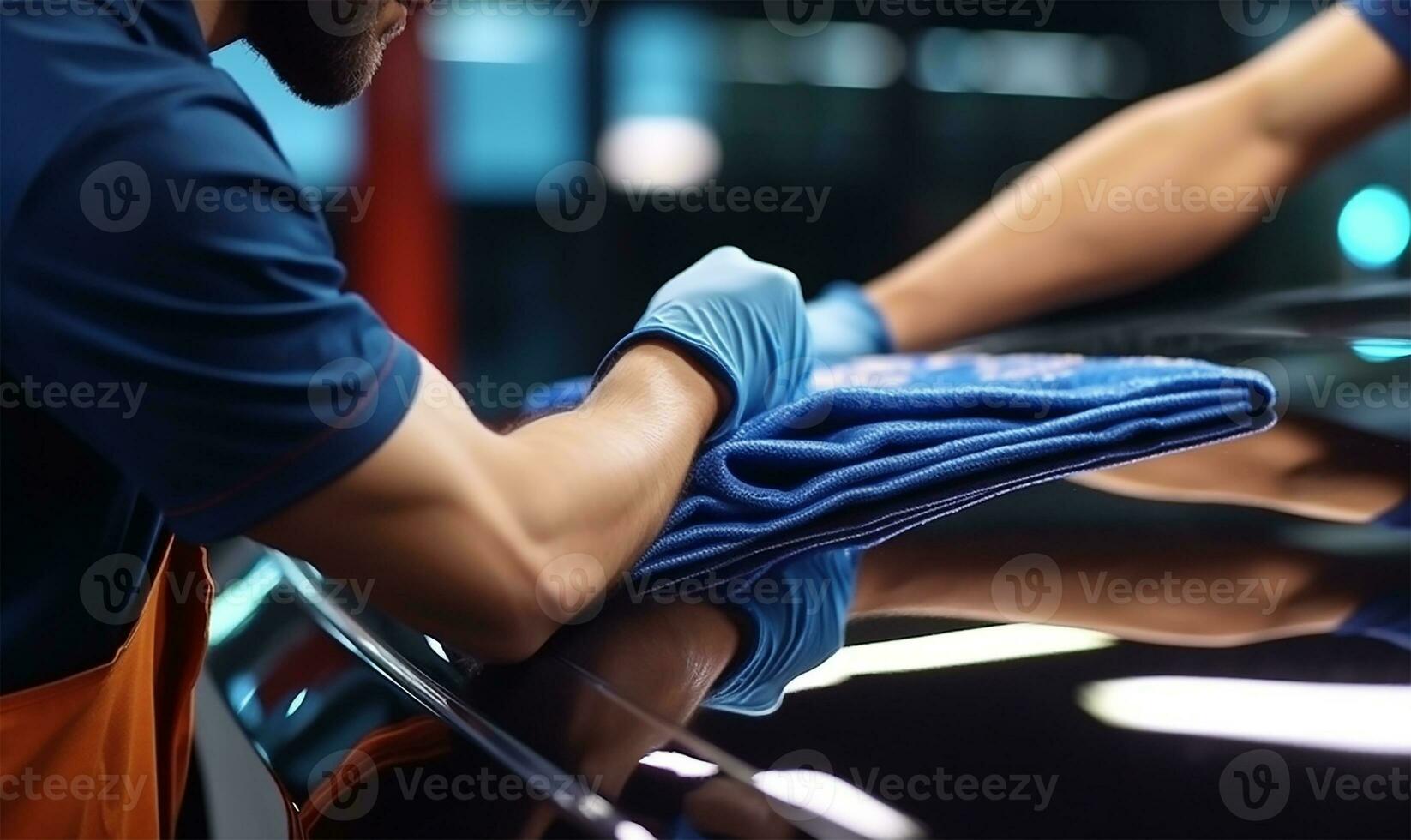 man meticulously cleaning a car with a microfiber cloth. AI Generated photo