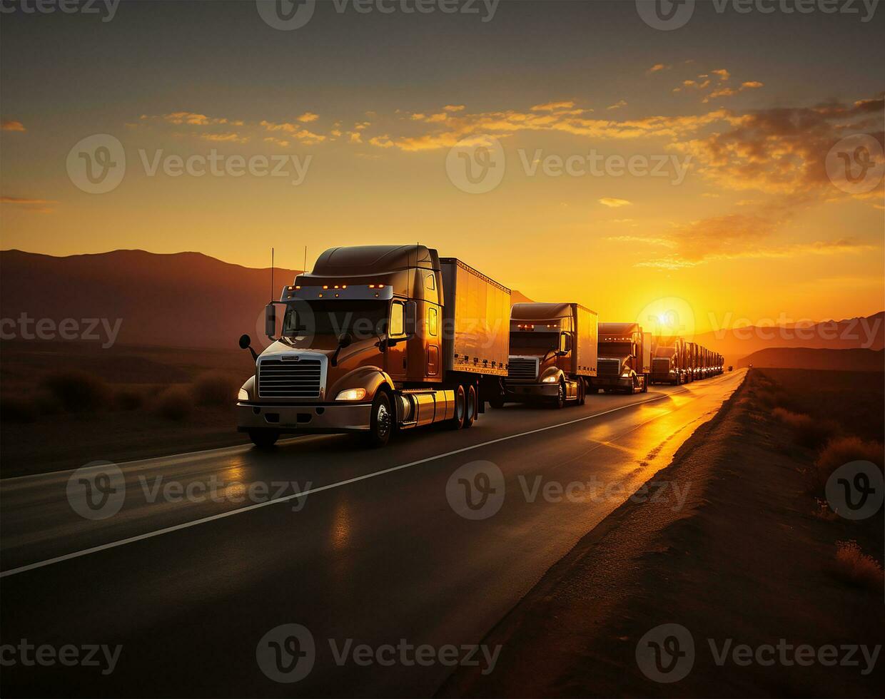 A row of parked trucks, silhouetted against the backdrop of a radiant sunrise. AI Generated photo