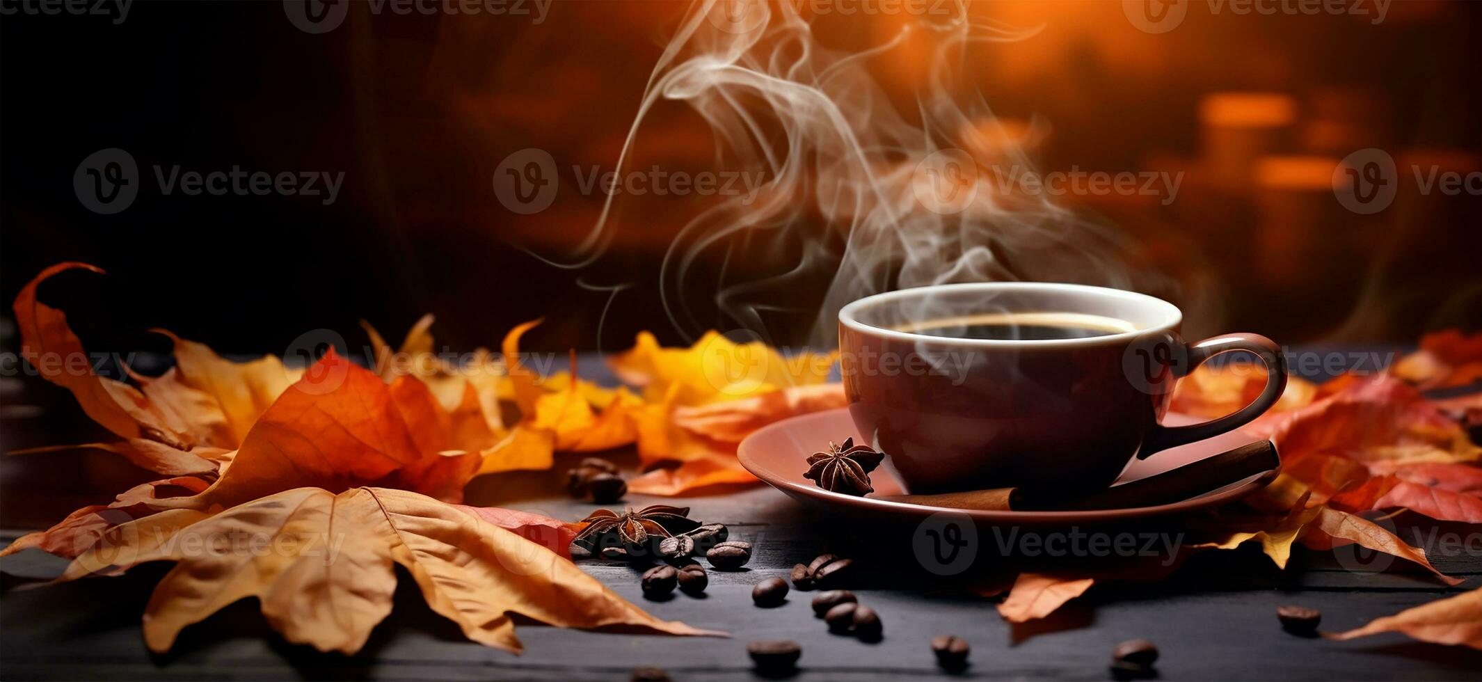 steaming coffee cup set against a backdrop of cascading autumn leaves. AI Generated photo